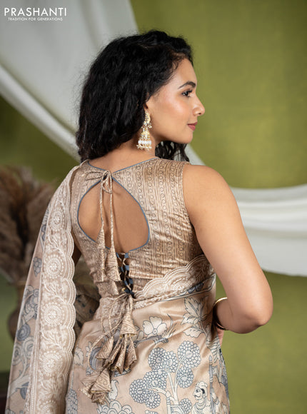 Semi tussar saree sandal with allover kalamkari prints and chikankari work border