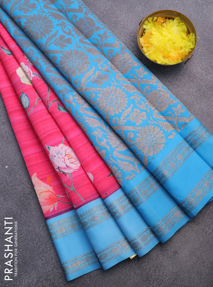 Semi kanchipuram silk saree candy pink and light blue with allover floral digital prints and rettapet woven border