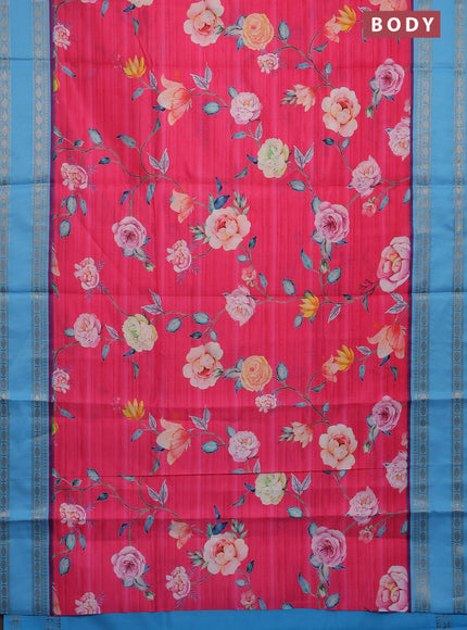 Semi kanchipuram silk saree candy pink and light blue with allover floral digital prints and rettapet woven border