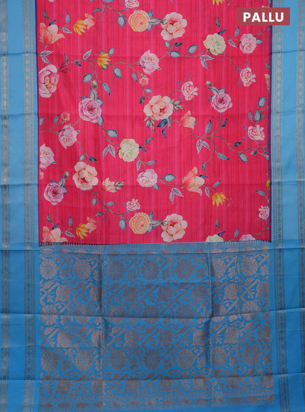 Semi kanchipuram silk saree candy pink and light blue with allover floral digital prints and rettapet woven border