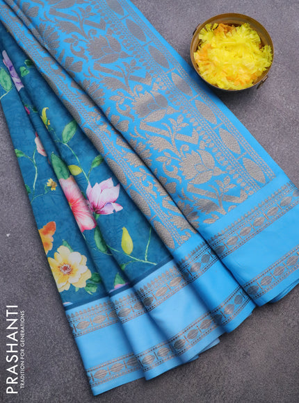 Semi kanchipuram silk saree peacock blue and light blue with allover floral digital prints and rettapet woven border