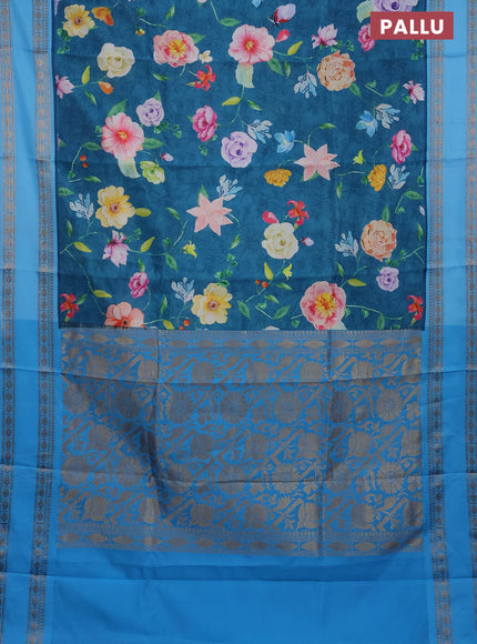 Semi kanchipuram silk saree peacock blue and light blue with allover floral digital prints and rettapet woven border