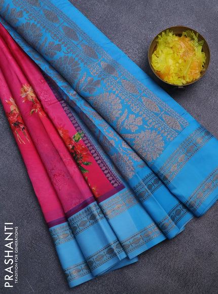 Semi kanchipuram silk saree candy pink and light blue with allover floral digital prints and rettapet woven border