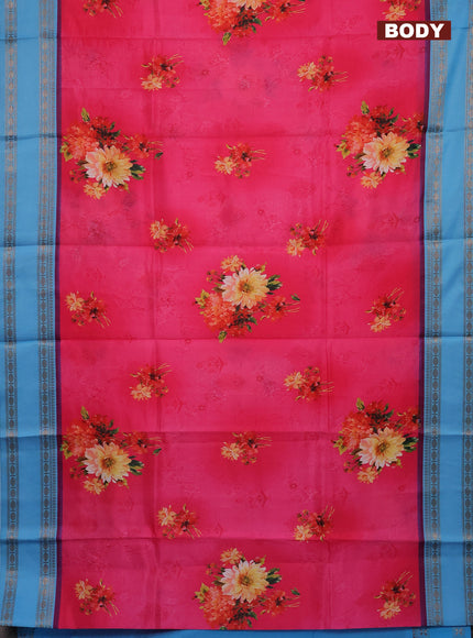 Semi kanchipuram silk saree candy pink and light blue with allover floral digital prints and rettapet woven border