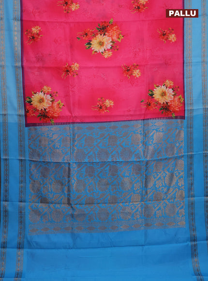 Semi kanchipuram silk saree candy pink and light blue with allover floral digital prints and rettapet woven border