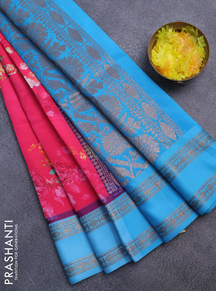 Semi kanchipuram silk saree candy pink and light blue with allover floral digital prints and rettapet woven border