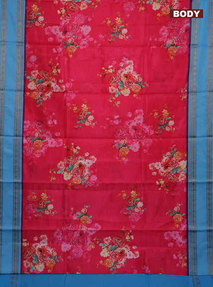 Semi kanchipuram silk saree candy pink and light blue with allover floral digital prints and rettapet woven border