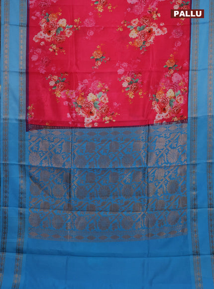 Semi kanchipuram silk saree candy pink and light blue with allover floral digital prints and rettapet woven border