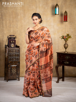 Chanderi bagru saree rust shade and brown with allover kalamkari prints and small zari woven border