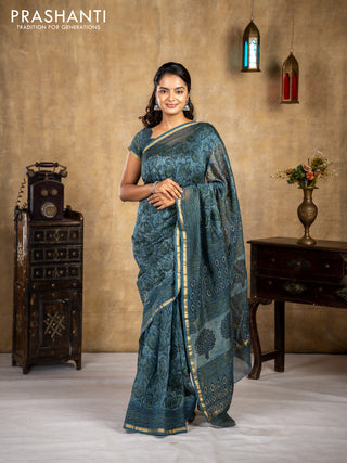 Chanderi bagru saree blue shade with allover kalamkari prints and small zari woven border