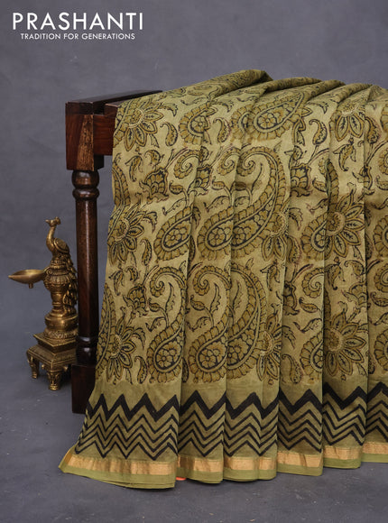 Chanderi bagru saree sap green shade with allover kalamkari prints and small zari woven border