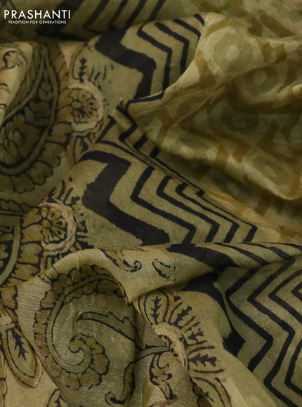 Chanderi bagru saree sap green shade with allover kalamkari prints and small zari woven border