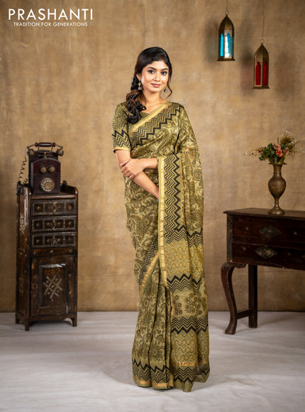 Chanderi bagru saree sap green shade with allover kalamkari prints and small zari woven border