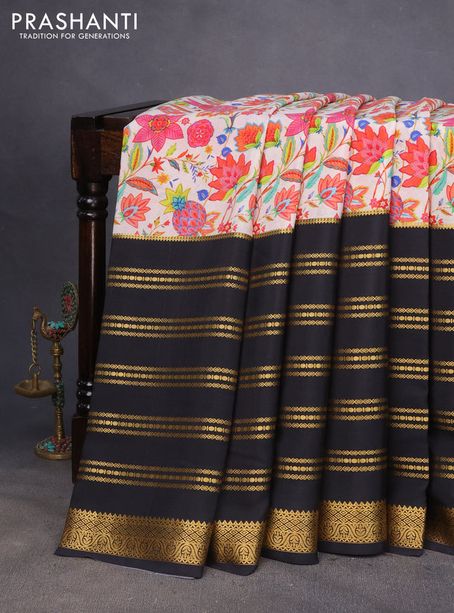 Pure mysore silk saree cream and black with kalamkari digital prints and long zari woven border