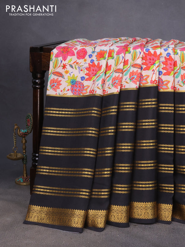 Pure mysore silk saree cream and black with kalamkari digital prints and long zari woven border