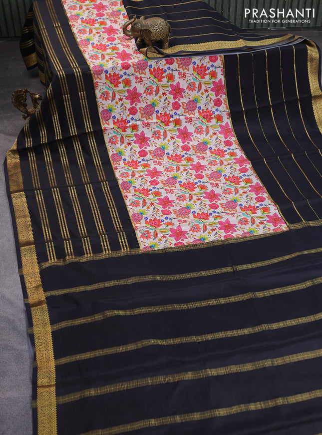 Pure mysore silk saree cream and black with kalamkari digital prints and long zari woven border