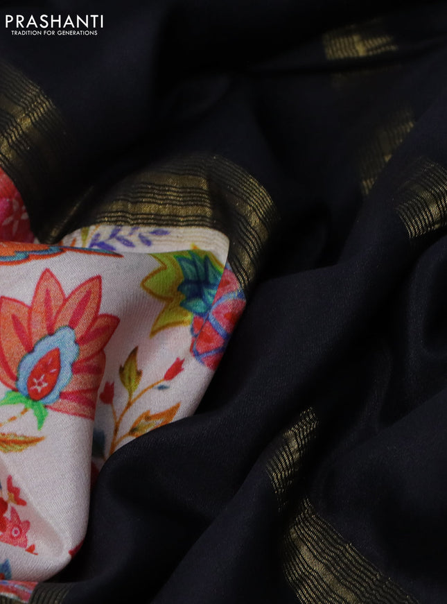 Pure mysore silk saree cream and black with kalamkari digital prints and long zari woven border