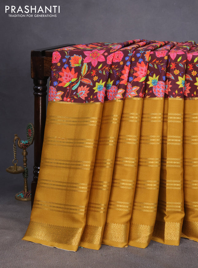 Pure mysore silk saree deep maroon and mustard yellow with kalamkari digital prints and long zari woven border