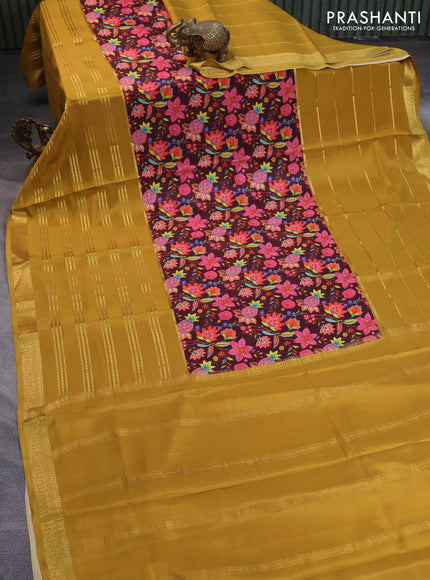 Pure mysore silk saree deep maroon and mustard yellow with kalamkari digital prints and long zari woven border