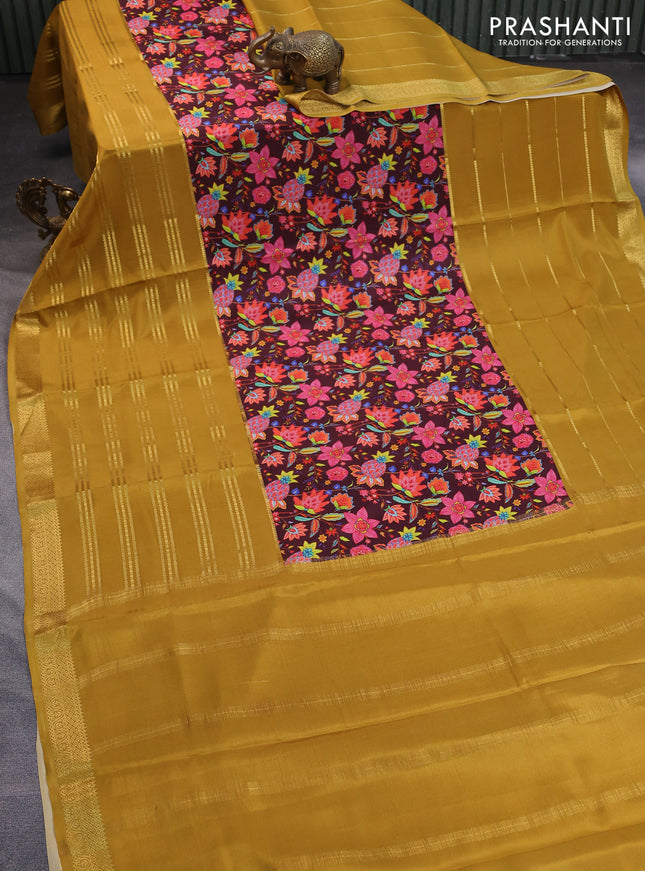 Pure mysore silk saree deep maroon and mustard yellow with kalamkari digital prints and long zari woven border