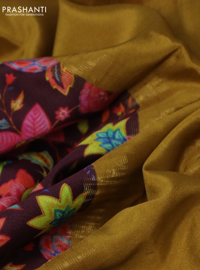 Pure mysore silk saree deep maroon and mustard yellow with kalamkari digital prints and long zari woven border