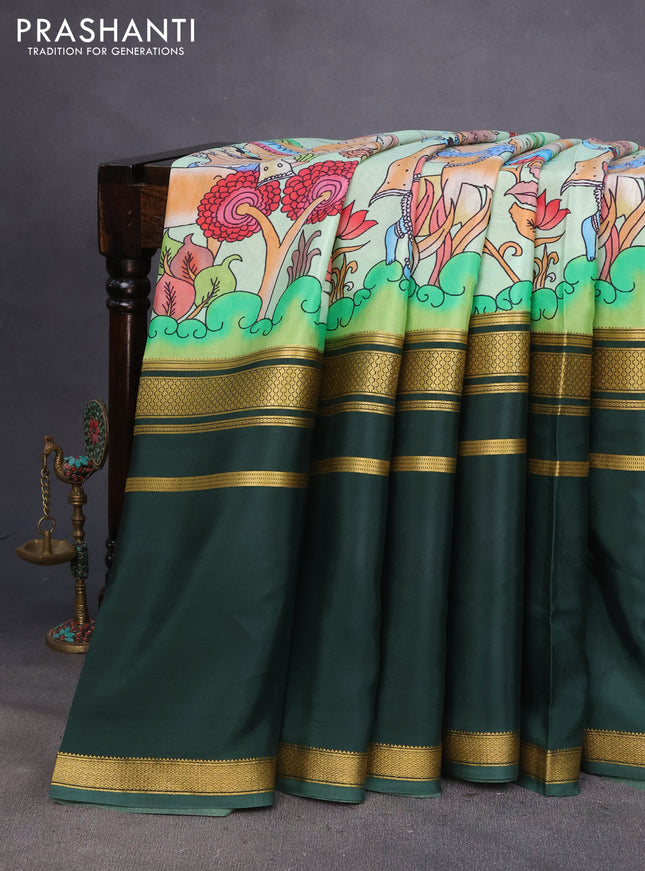 Pure mysore silk saree teal green shade and bottle green with allover kalamkari digital prints and long rettapet zari woven border