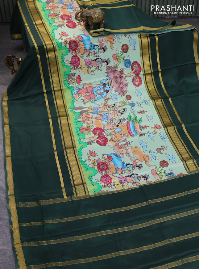 Pure mysore silk saree teal green shade and bottle green with allover kalamkari digital prints and long rettapet zari woven border