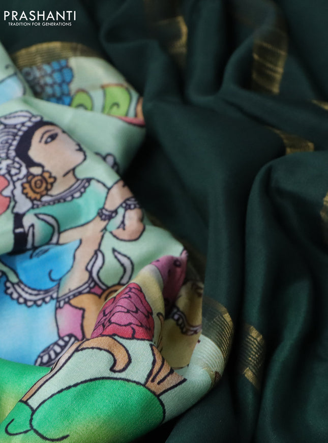Pure mysore silk saree teal green shade and bottle green with allover kalamkari digital prints and long rettapet zari woven border