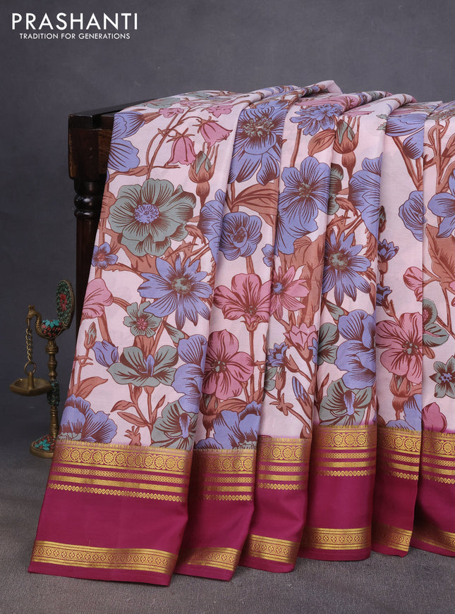 Pure mysore silk saree peach shade and wine shade with allover floral digital prints and rettapet zari woven border