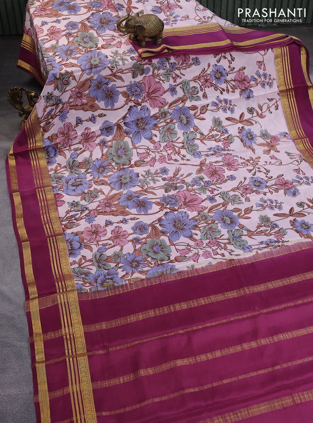 Pure mysore silk saree peach shade and wine shade with allover floral digital prints and rettapet zari woven border