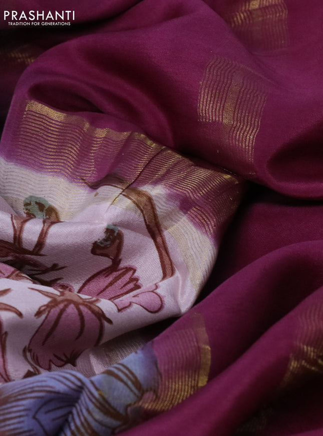 Pure mysore silk saree peach shade and wine shade with allover floral digital prints and rettapet zari woven border