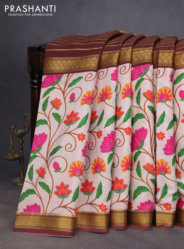 Pure mysore silk saree brown and beige with zari weaves and long kalamkari printed zari border