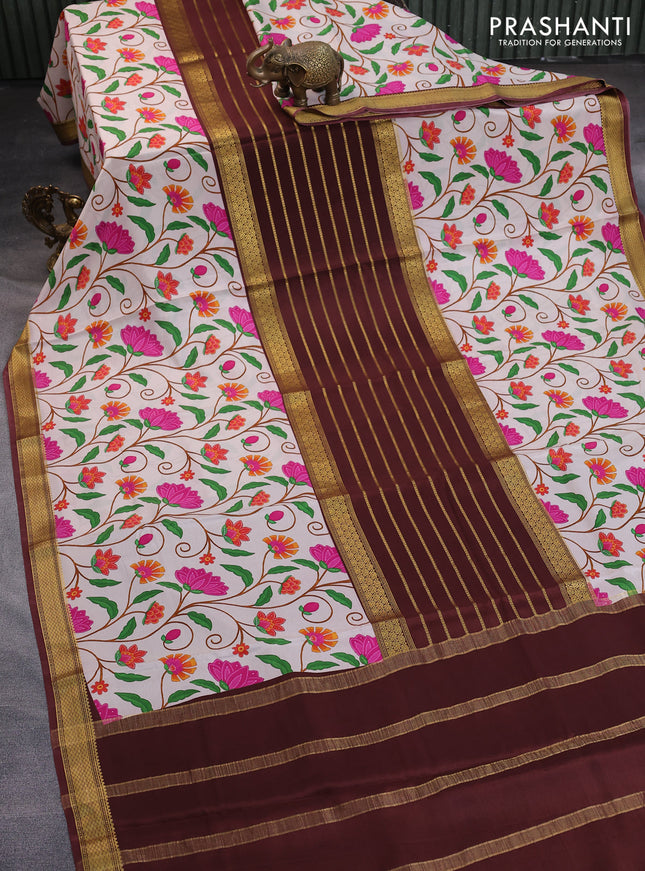 Pure mysore silk saree brown and beige with zari weaves and long kalamkari printed zari border