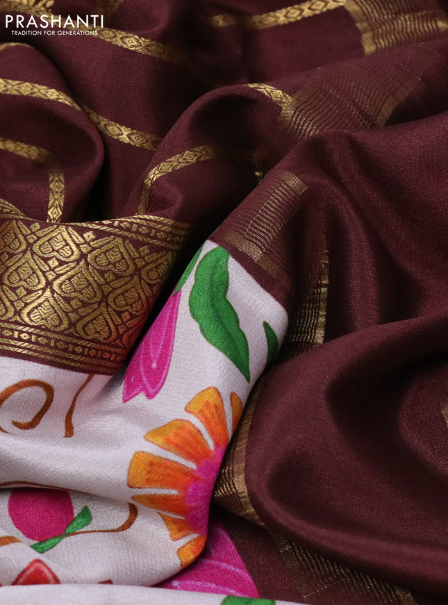 Pure mysore silk saree brown and beige with zari weaves and long kalamkari printed zari border