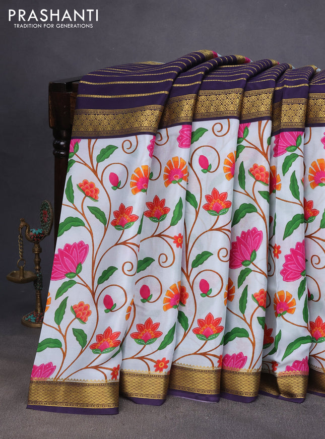 Pure mysore silk saree navy blue and teal blue shade with zari weaves and long kalamkari printed zari border