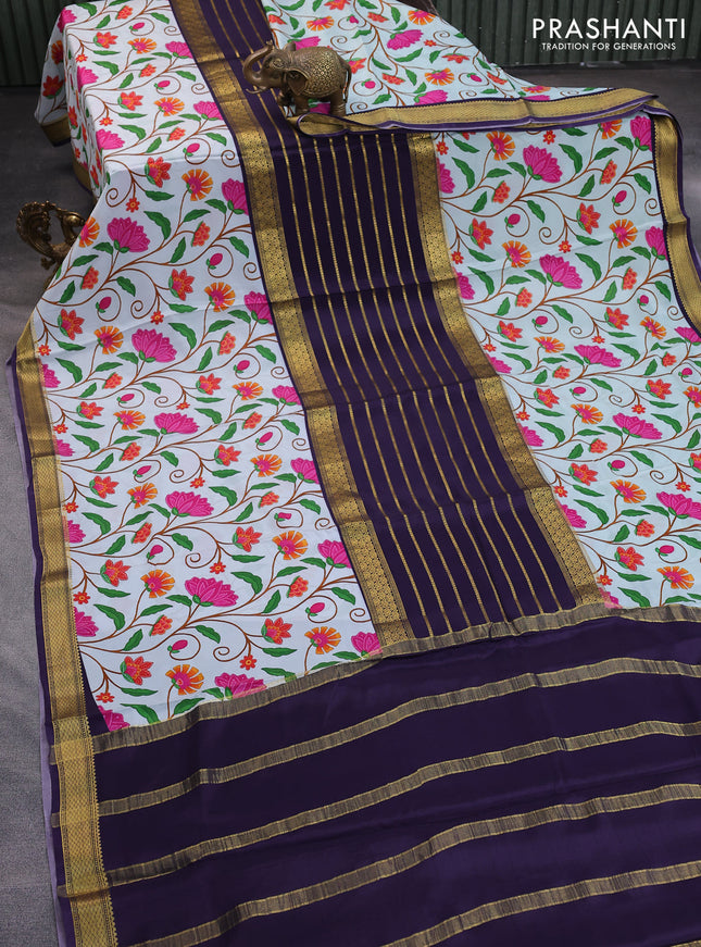 Pure mysore silk saree navy blue and teal blue shade with zari weaves and long kalamkari printed zari border