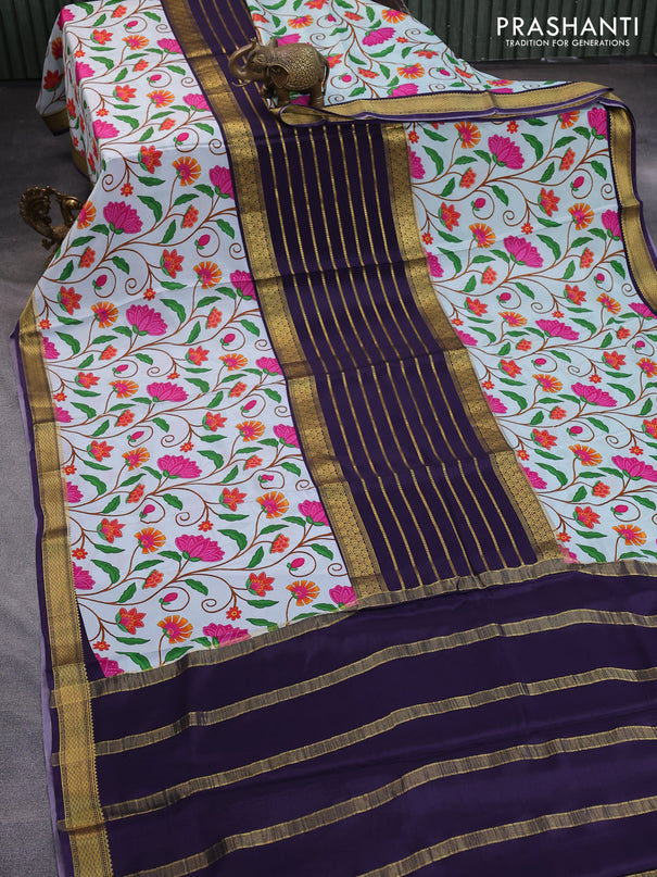 Pure mysore silk saree navy blue and teal blue shade with zari weaves and long kalamkari printed zari border