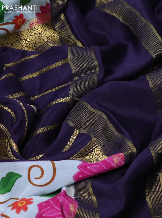 Pure mysore silk saree navy blue and teal blue shade with zari weaves and long kalamkari printed zari border