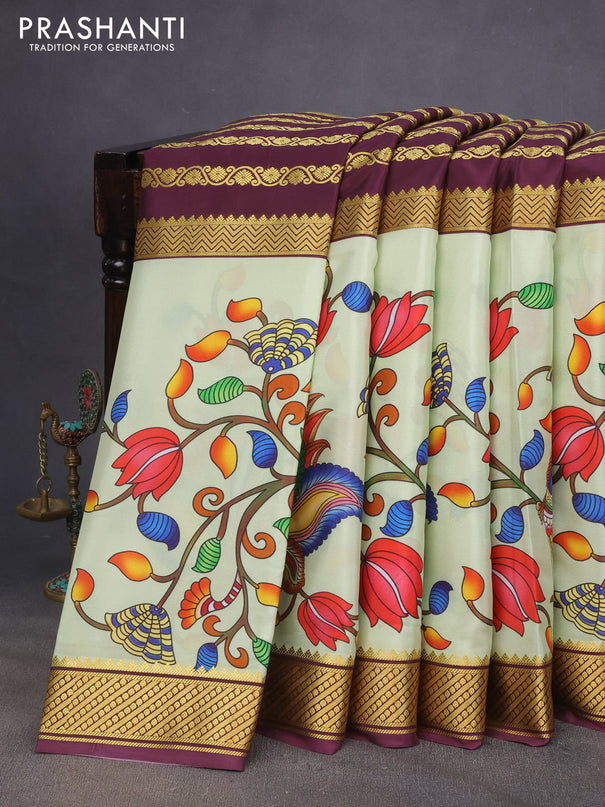 Pure mysore silk saree wine shade and pista green with zari weaves and long kalamkari printed zari border