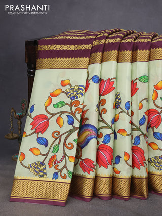 Pure mysore silk saree wine shade and pista green with zari weaves and long kalamkari printed zari border