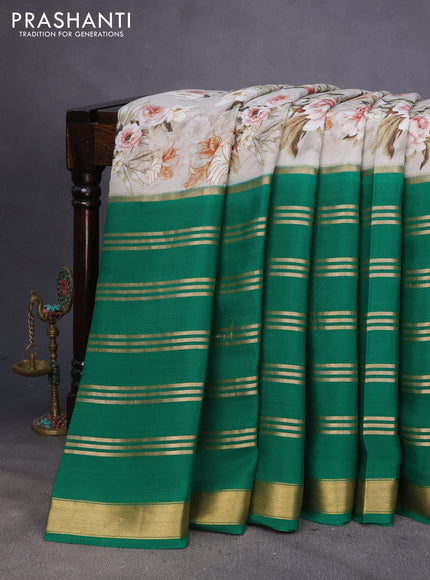 Pure mysore silk saree grey and green with kalamkari digital prints and long zari woven border