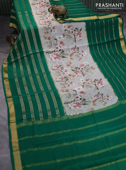 Pure mysore silk saree grey and green with kalamkari digital prints and long zari woven border