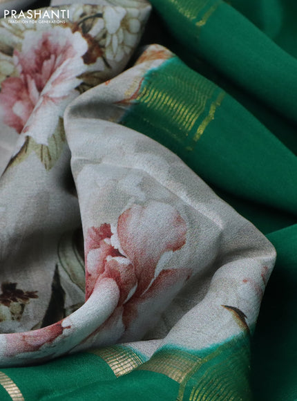 Pure mysore silk saree grey and green with kalamkari digital prints and long zari woven border