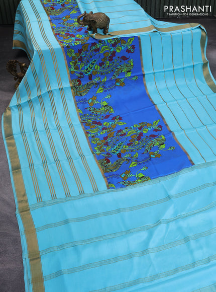 Pure mysore silk saree royal blue and light blue with kalamkari digital prints and long zari woven border