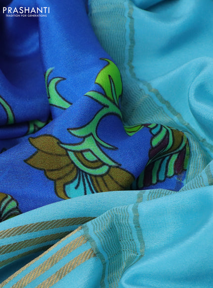 Pure mysore silk saree royal blue and light blue with kalamkari digital prints and long zari woven border