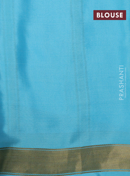 Pure mysore silk saree royal blue and light blue with kalamkari digital prints and long zari woven border