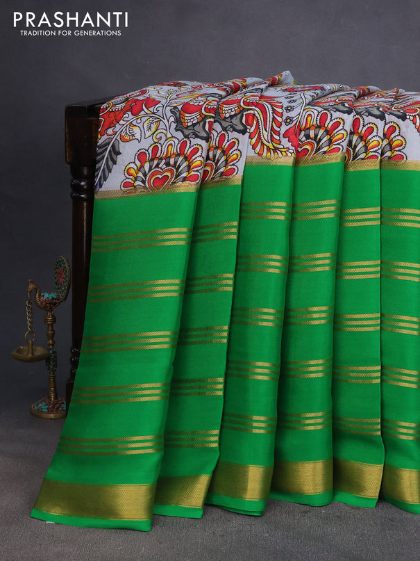 Pure mysore silk saree pastel grey and light green with kalamkari digital prints and long zari woven border