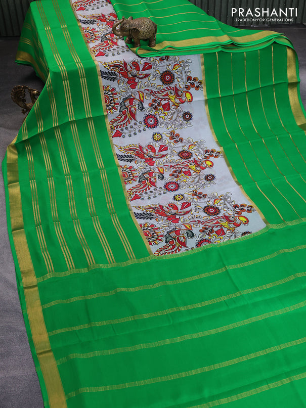 Pure mysore silk saree pastel grey and light green with kalamkari digital prints and long zari woven border