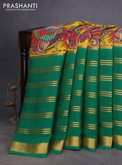 Pure mysore silk saree yellow and green with kalamkari digital prints and long zari woven border