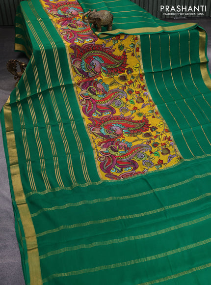Pure mysore silk saree yellow and green with kalamkari digital prints and long zari woven border